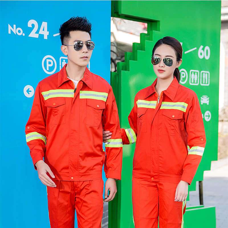 全工藝滌棉細(xì)斜紋春夏環(huán)衛(wèi)綠反光條短袖套裝工作服